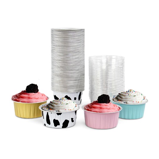 Spec101 Aluminum Foil Mini Cake Pans with Lids - 100pk 5oz 4 Color Muffin Tins